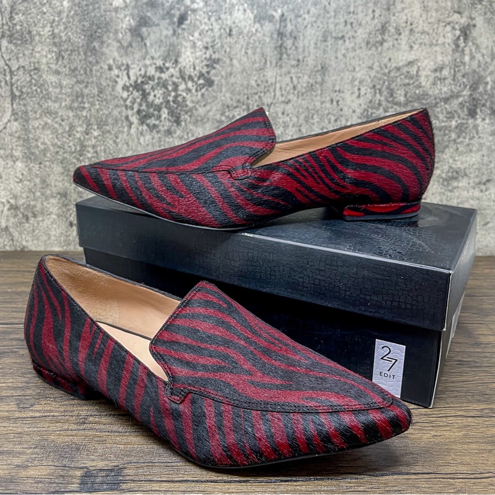 27 Edit Naturalizer red zebra loafers, “Hannah” garnet zebra print flats